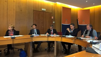 Da sinistra: l'assessore al Bilancio, Sartore, il direttore generale di Lazio Innova, Ciampalini, l'assessore allo Sviluppo economico, Manzella, il presidente dell'undicesima commissione, Maselli, il presidente della quarta, Vincenzi.