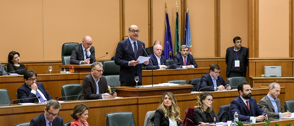 Un momento del discorso di Zingaretti all'Aula